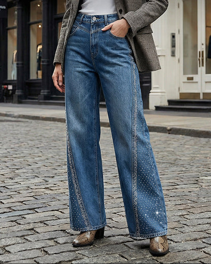 Cristelle — High-Waist Wide-Leg Rhinestone Denim Jeans