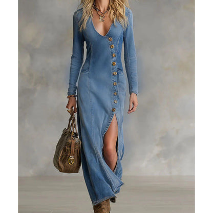 Elandrine — Long-Sleeve V-Neck Fitted Maxi Dress