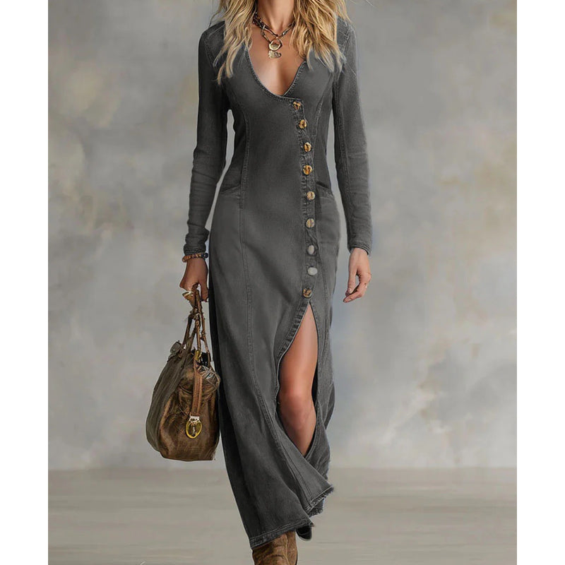 Elandrine — Long-Sleeve V-Neck Fitted Maxi Dress