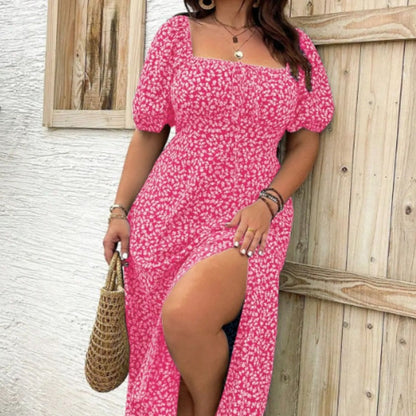 Fleurance — Short-Sleeve Floral Slit Dress
