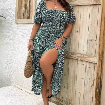 Fleurance — Short-Sleeve Floral Slit Dress