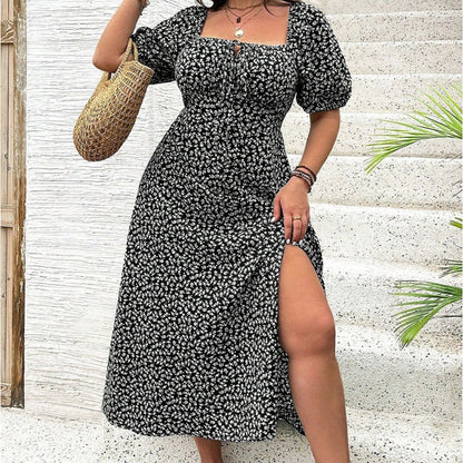 Fleurance — Short-Sleeve Floral Slit Dress
