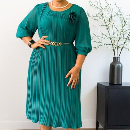 Plissé — Belted Pleated Midi Dress with 3/4 Sleeves