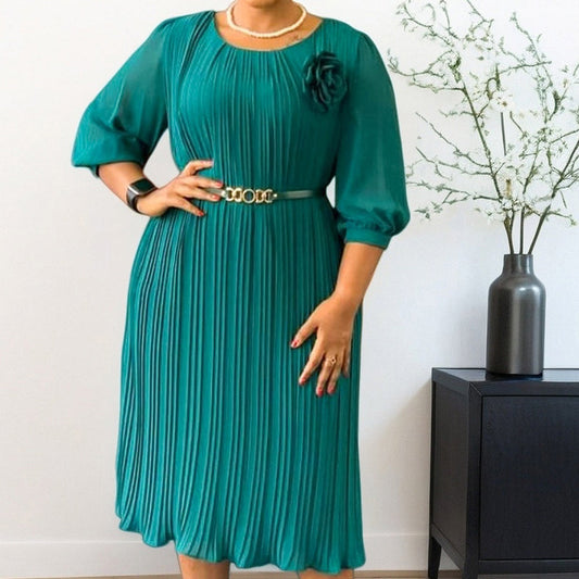 Plissé — Belted Pleated Midi Dress with 3/4 Sleeves