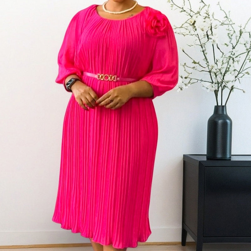 Plissé — Belted Pleated Midi Dress with 3/4 Sleeves