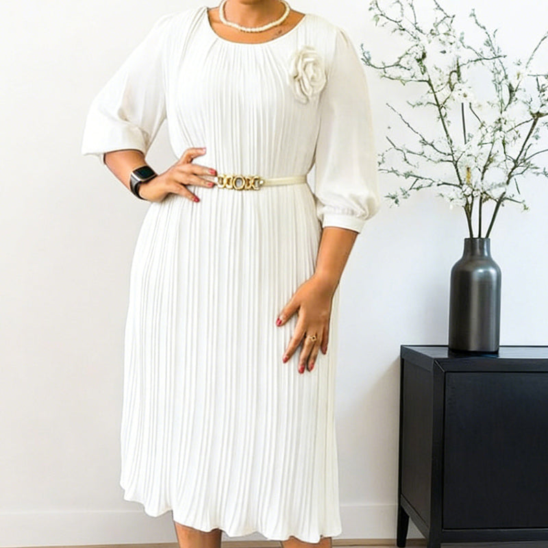 Plissé — Belted Pleated Midi Dress with 3/4 Sleeves