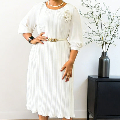 Plissé — Belted Pleated Midi Dress with 3/4 Sleeves