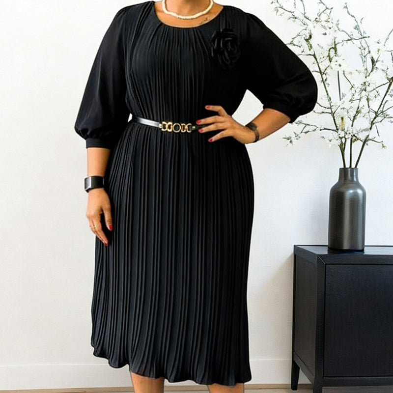 Plissé — Belted Pleated Midi Dress with 3/4 Sleeves