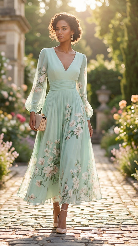 Florveil — Floral Pleated V-Neck Long Sleeve Maxi Dress
