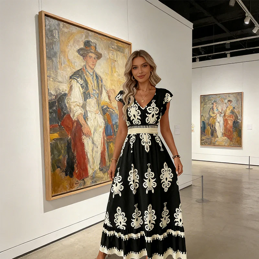 Candela — Baroque V-Neck Maxi Dress