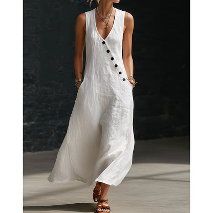Folène — Linen-Cotton V-Neck Maxi Dress