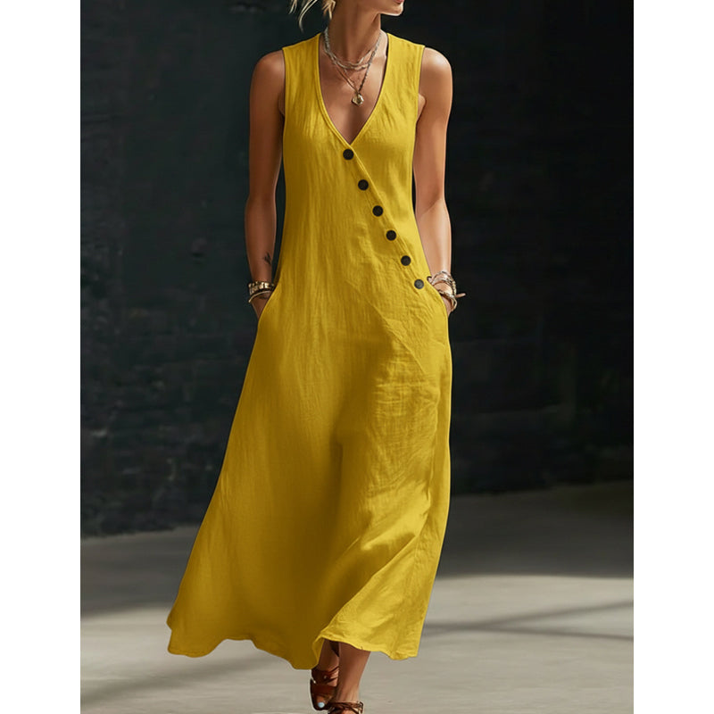 Folène — Linen-Cotton V-Neck Maxi Dress