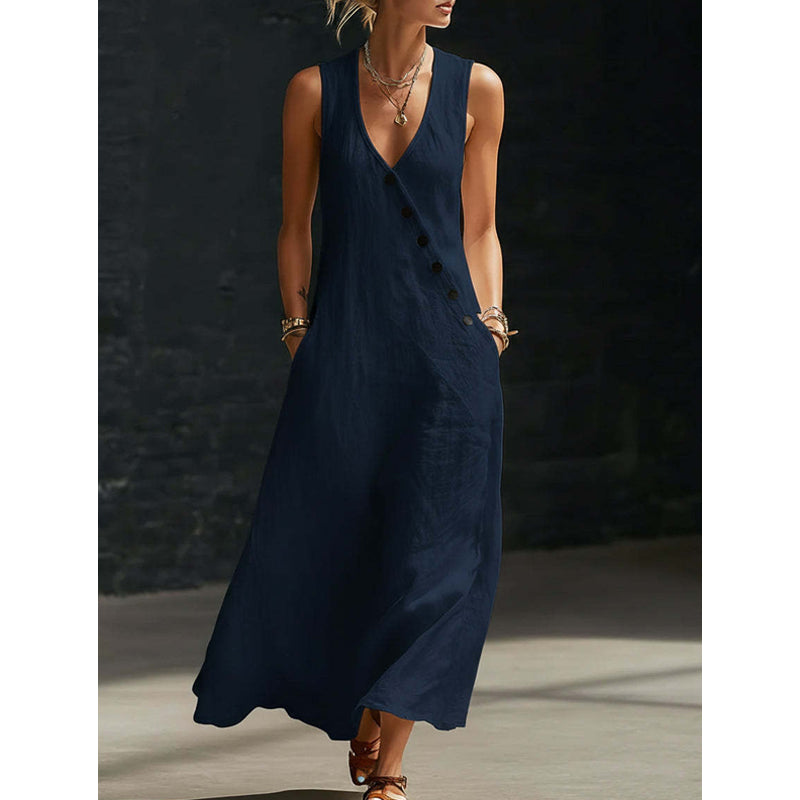Folène — Linen-Cotton V-Neck Maxi Dress