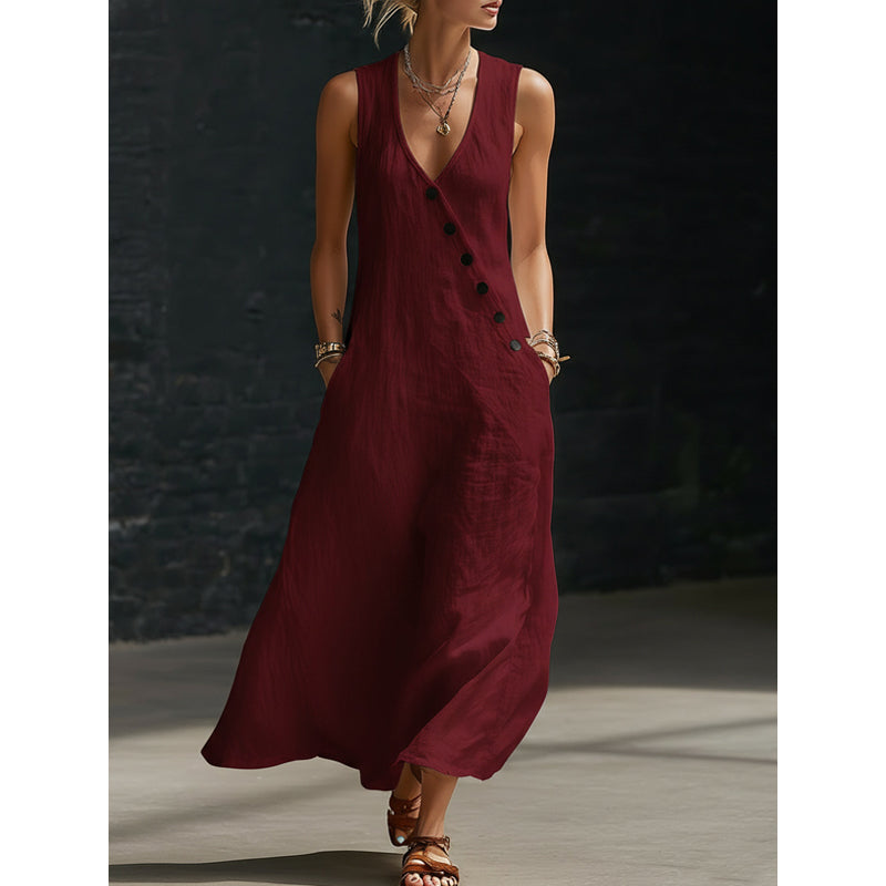 Folène — Linen-Cotton V-Neck Maxi Dress