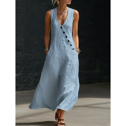 Folène — Linen-Cotton V-Neck Maxi Dress