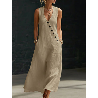 Folène — Linen-Cotton V-Neck Maxi Dress