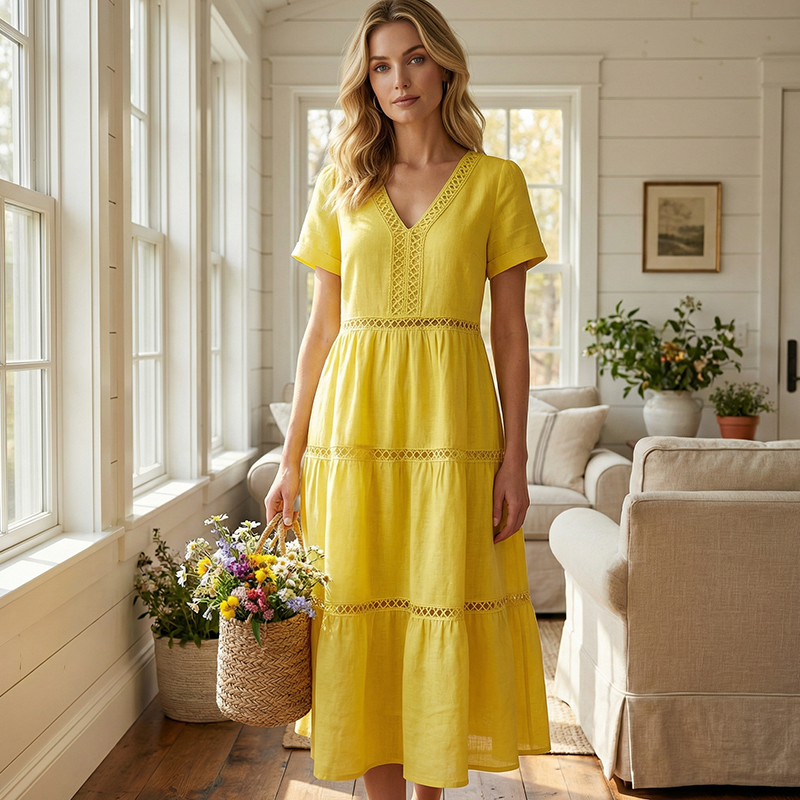 Velorie — Lace V-Neck Tiered Midi Dress