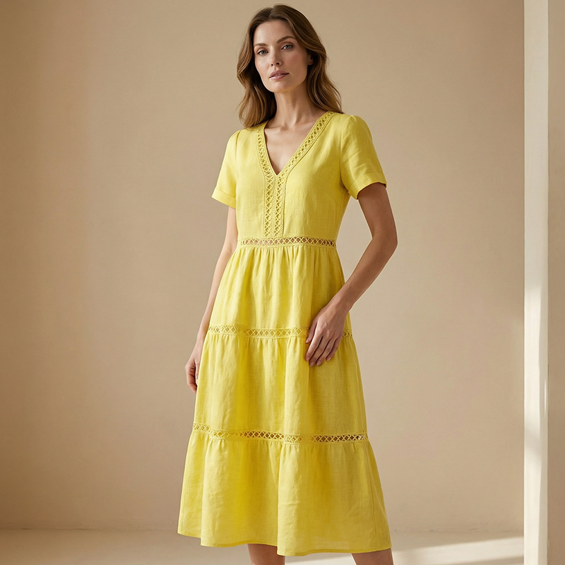 Velorie — Lace V-Neck Tiered Midi Dress
