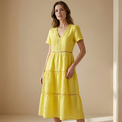 Velorie — Lace V-Neck Tiered Midi Dress