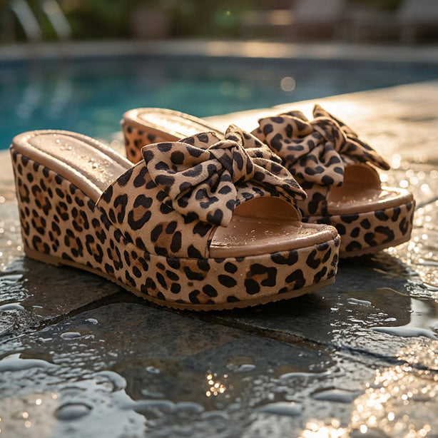 Solaine — Leopard-Print Bow Wedge Platform Sandals