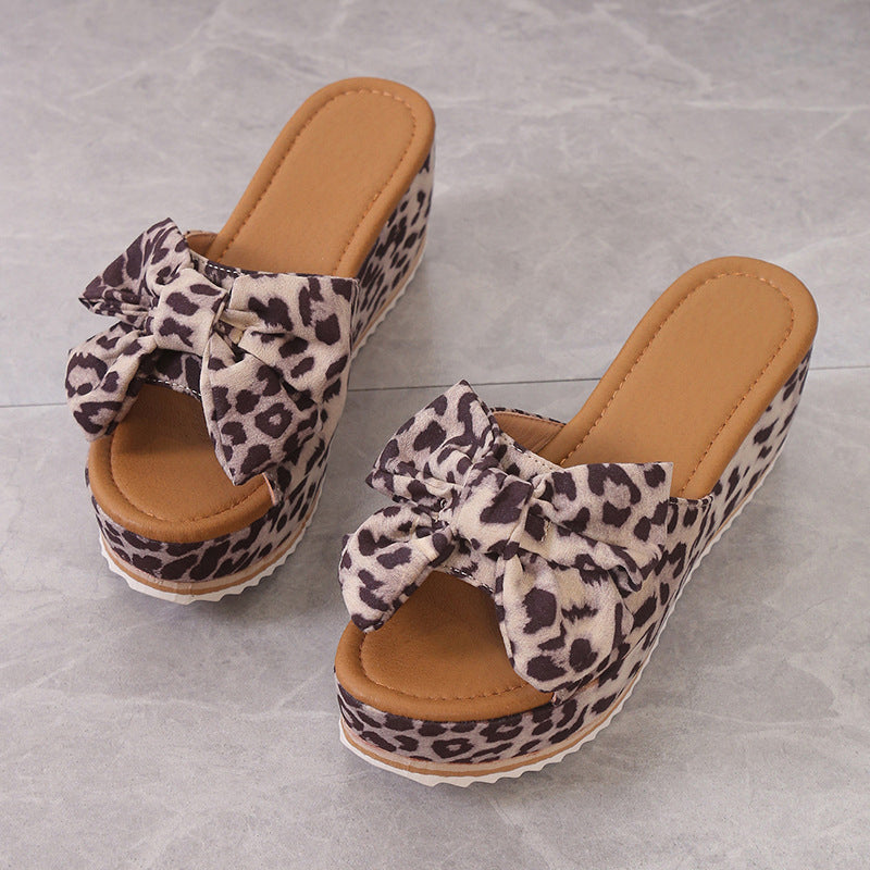 Solaine — Leopard-Print Bow Wedge Platform Sandals