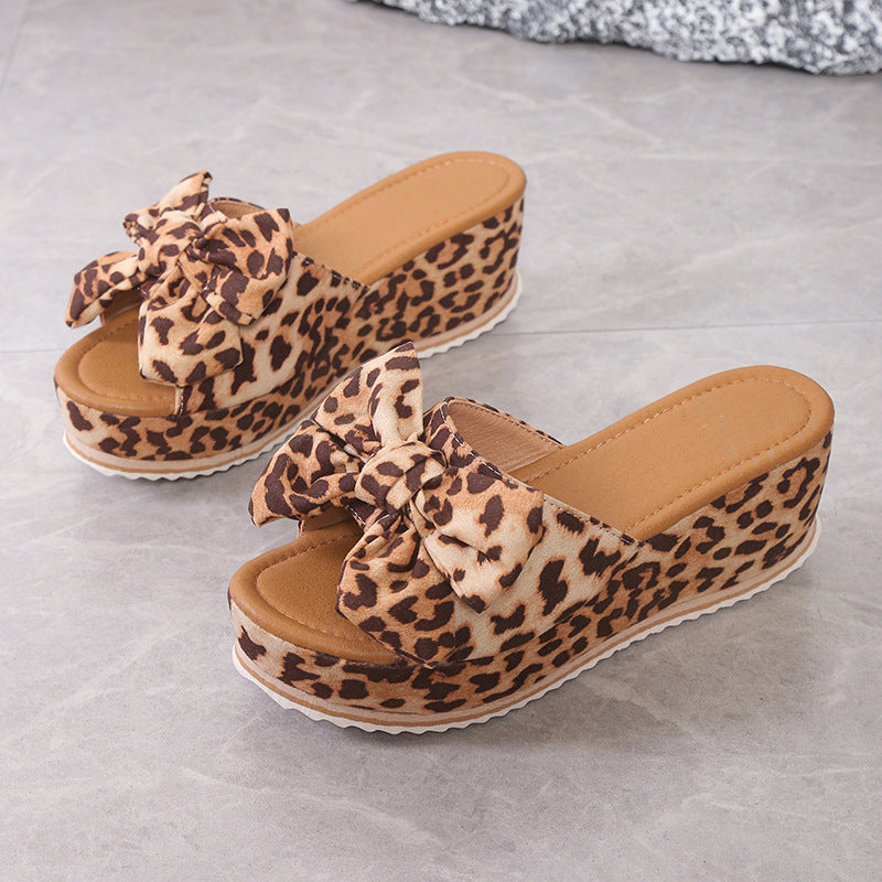 Solaine — Leopard-Print Bow Wedge Platform Sandals