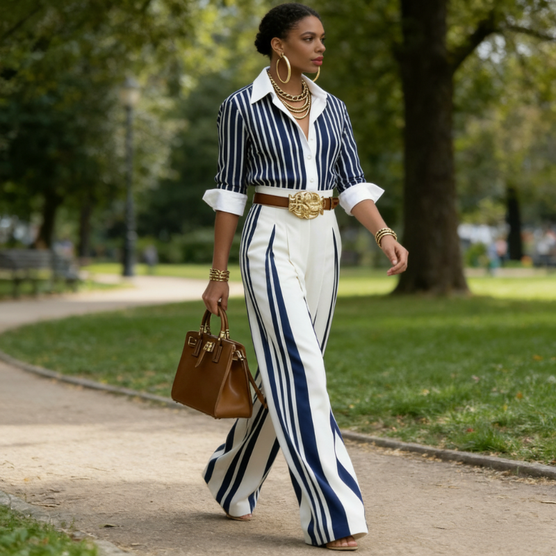 Clarène — Striped Shirt & Wide-Leg Trouser