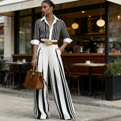 Clarène — Striped Shirt & Wide-Leg Trouser