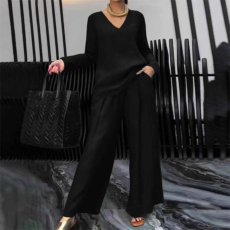 Sōfte — V-Neck Lounge Set with Wide-Leg Pants