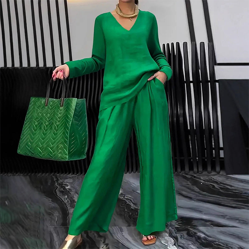 Sōfte — V-Neck Lounge Set with Wide-Leg Pants