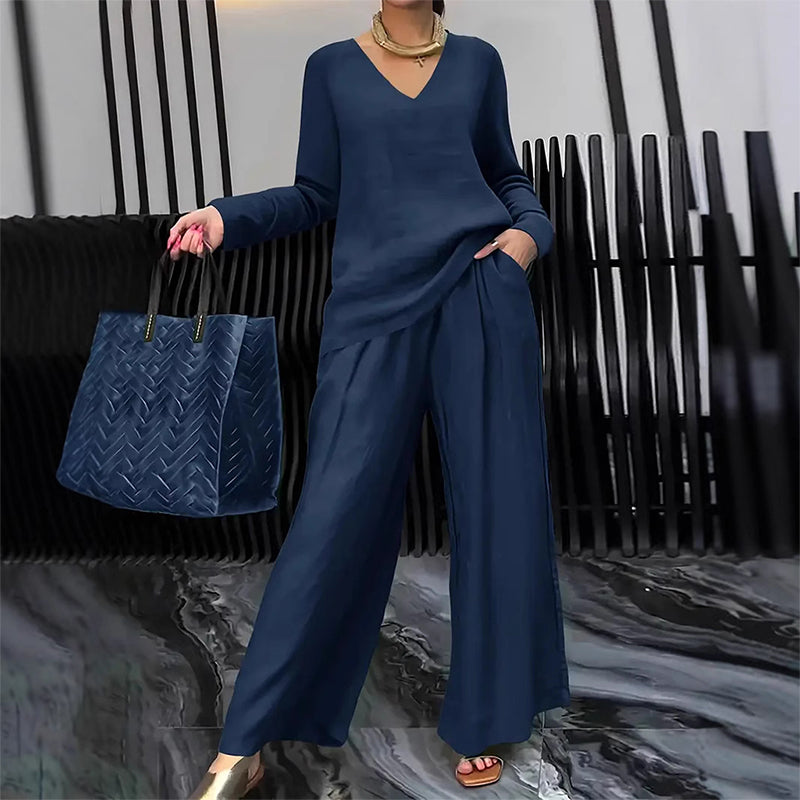 Sōfte — V-Neck Lounge Set with Wide-Leg Pants