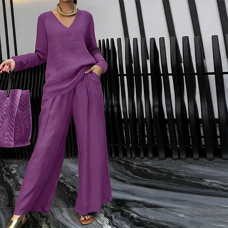 Sōfte — V-Neck Lounge Set with Wide-Leg Pants