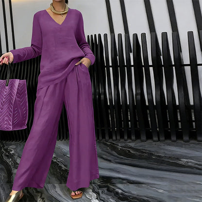 Sōfte — V-Neck Lounge Set with Wide-Leg Pants
