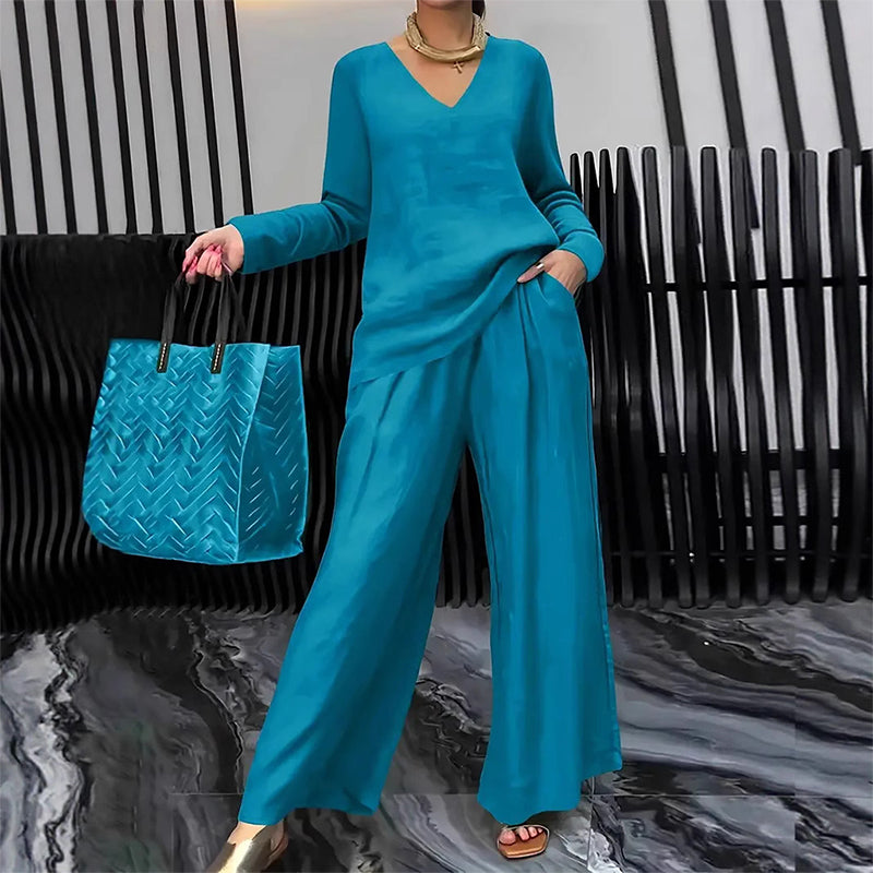 Sōfte — V-Neck Lounge Set with Wide-Leg Pants