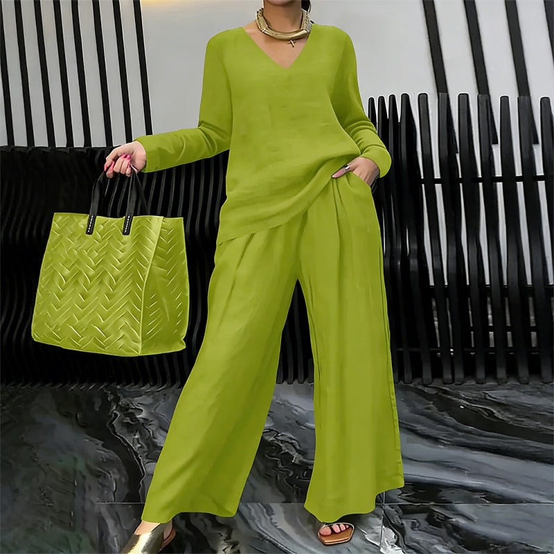Sōfte — V-Neck Lounge Set with Wide-Leg Pants