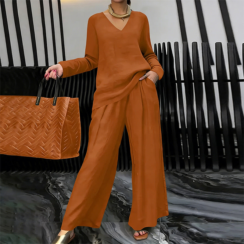 Sōfte — V-Neck Lounge Set with Wide-Leg Pants