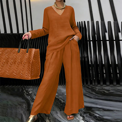 Sōfte — V-Neck Lounge Set with Wide-Leg Pants
