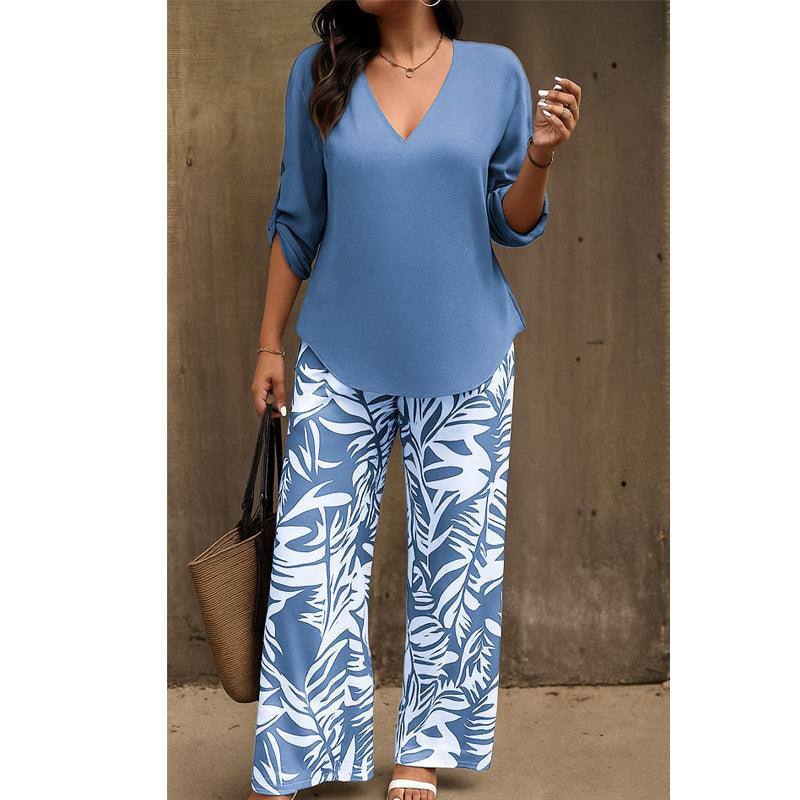 Amarielle — V-Neck Blouse & Printed Wide-Leg Trouser Set