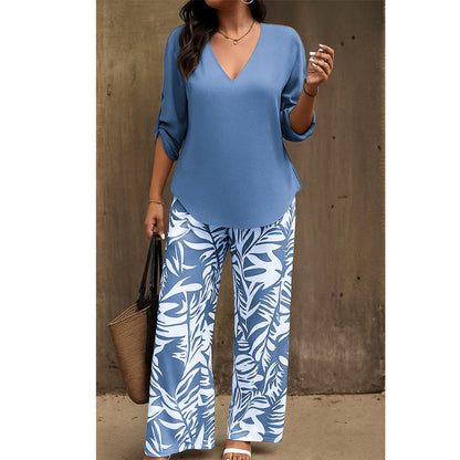 Amarielle — V-Neck Blouse & Printed Wide-Leg Trouser Set
