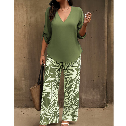 Amarielle — V-Neck Blouse & Printed Wide-Leg Trouser Set