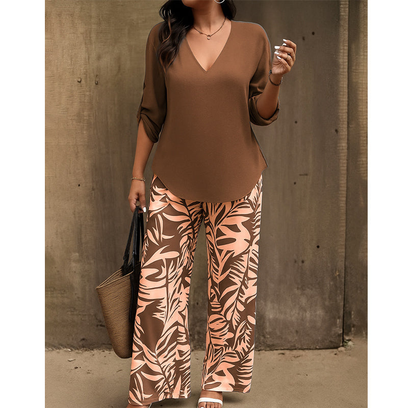 Amarielle — V-Neck Blouse & Printed Wide-Leg Trouser Set