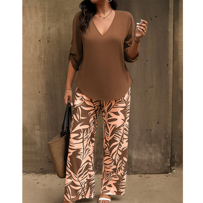 Amarielle — V-Neck Blouse & Printed Wide-Leg Trouser Set