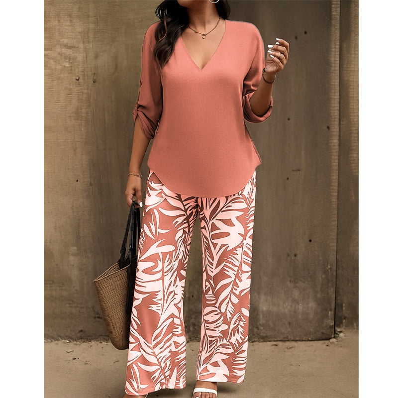 Amarielle — V-Neck Blouse & Printed Wide-Leg Trouser Set