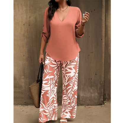 Amarielle — V-Neck Blouse & Printed Wide-Leg Trouser Set