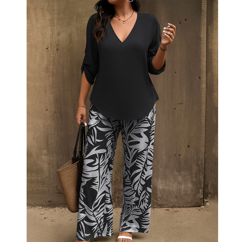Amarielle — V-Neck Blouse & Printed Wide-Leg Trouser Set