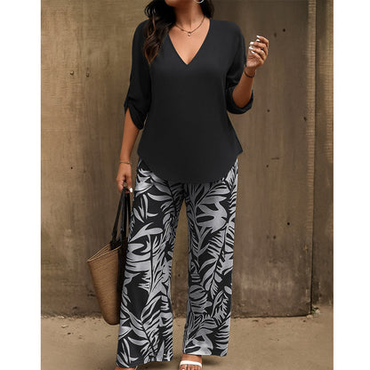 Amarielle — V-Neck Blouse & Printed Wide-Leg Trouser Set