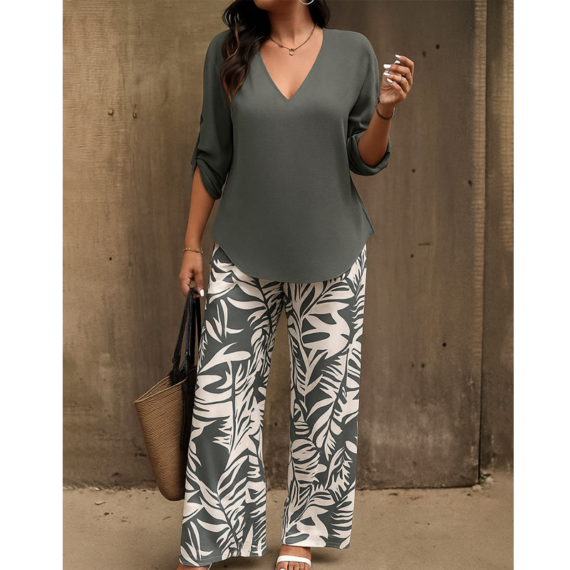 Amarielle — V-Neck Blouse & Printed Wide-Leg Trouser Set