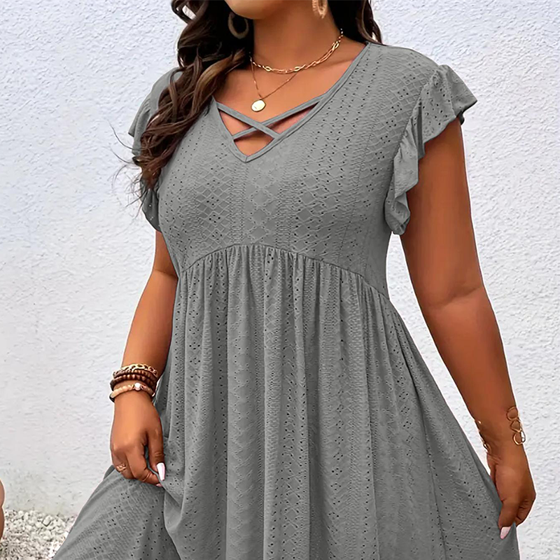 Adorine — V-Neck Ruffle-Trim Waisted Dress