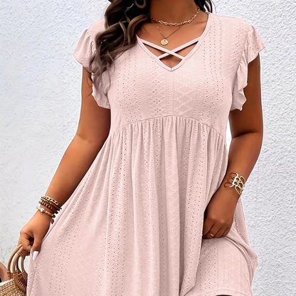 Adorine — V-Neck Ruffle-Trim Waisted Dress