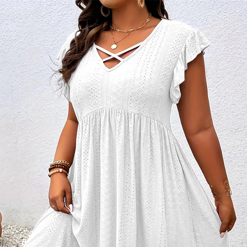 Adorine — V-Neck Ruffle-Trim Waisted Dress